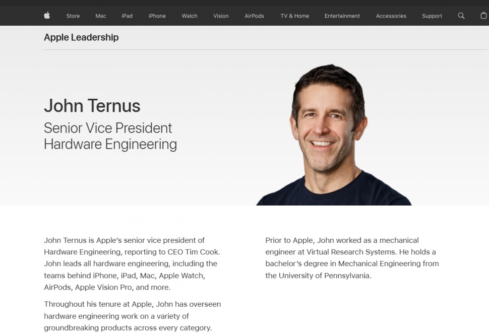 Profil John Ternus di laman resmi Apple, CEO baru pengganti Tim Cook. (Apple)