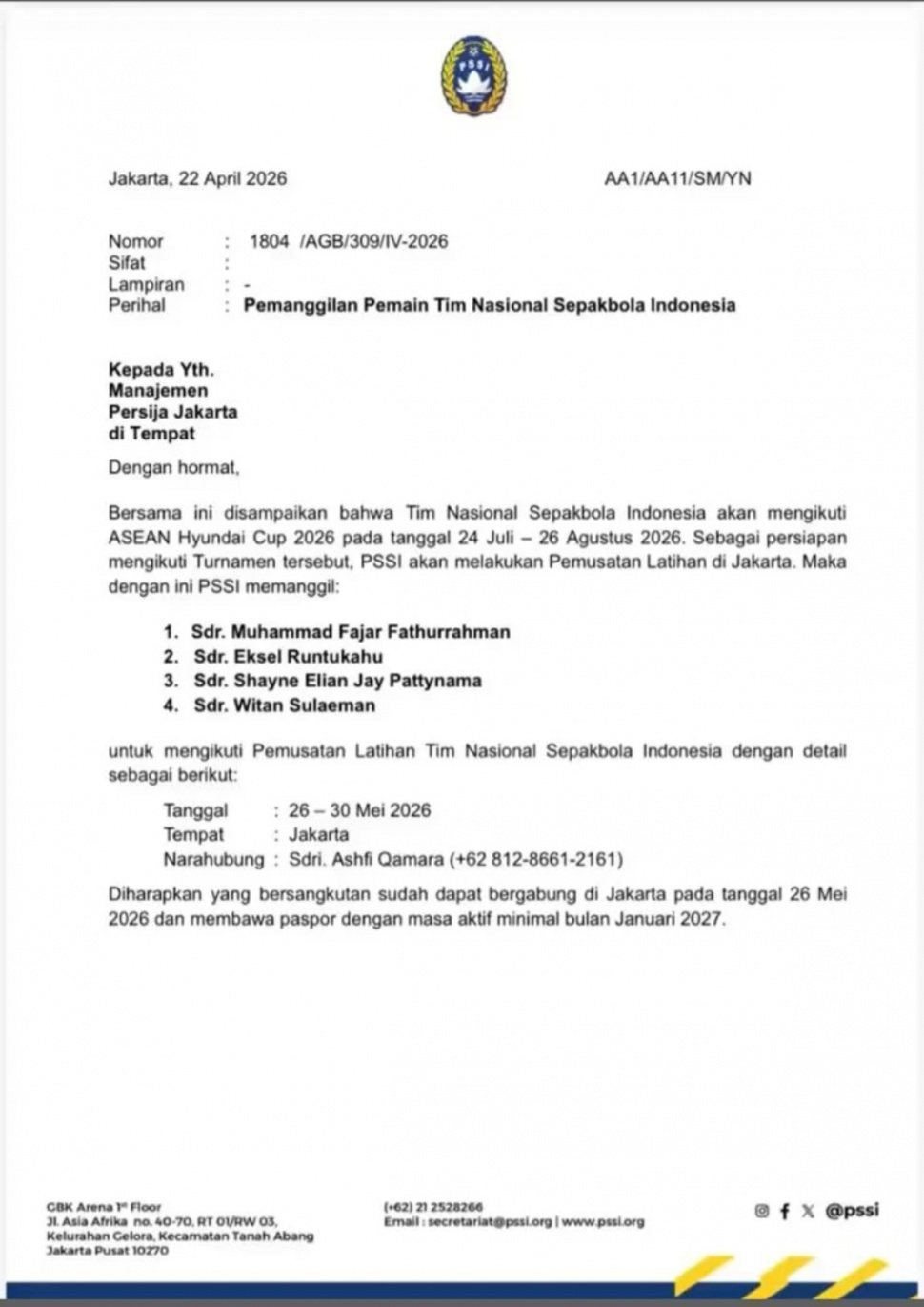 Surat pemanggilan pemain Timnas Indonesia dari PSSI beredar. (Ist)