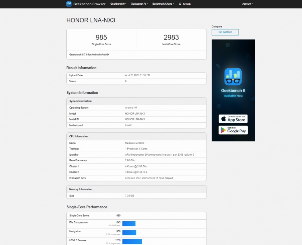 Pengujian performa Honor 600e. (Geekbench)