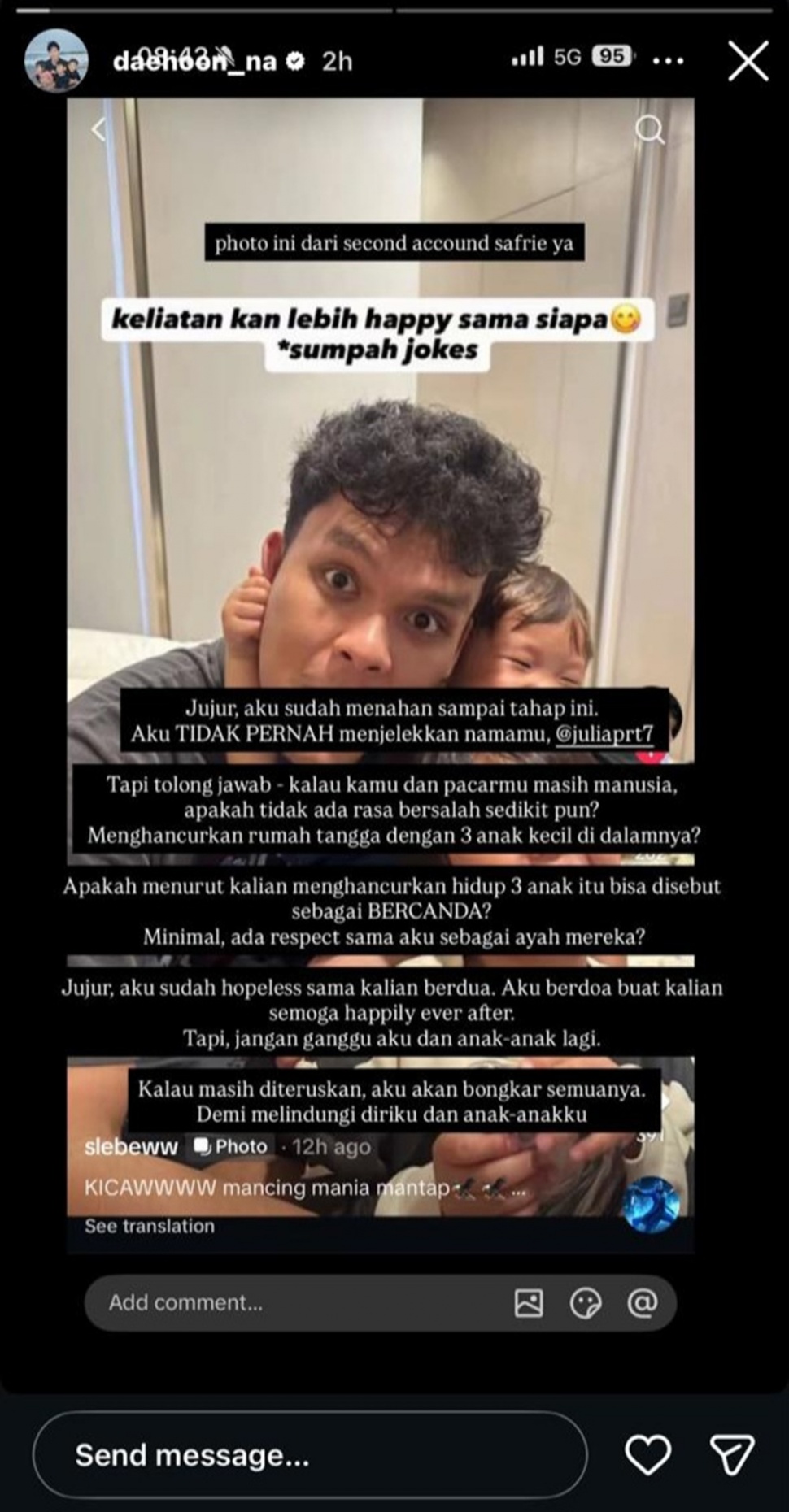 Unggahan Safrie Ramadhan pacar Jule diduga sindir Na Daehoon [Instagram]
