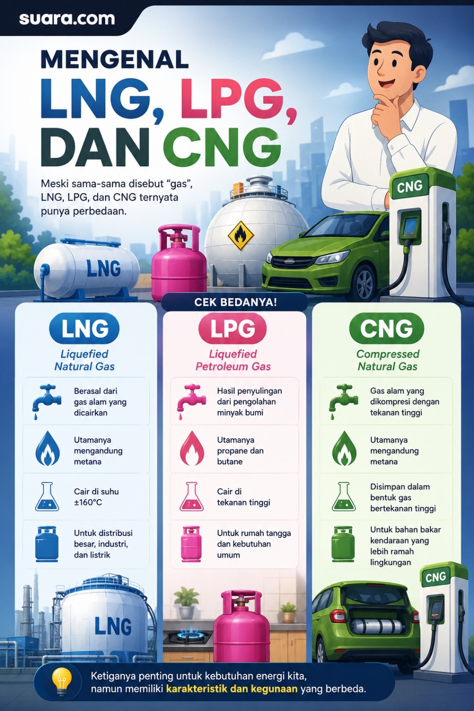 Pemerintah kini melirik Compressed Natural Gas (CNG) sebagai alternatif pengganti Liquefied Petroleum Gas (LPG). Langkah pengembangan yang tengah digarap oleh Kementerian Energi dan Sumber Daya Mineral (ESDM) ini bertujuan untuk menekan tingginya ketergantungan terhadap impor LPG. Desain Suara.com/AI