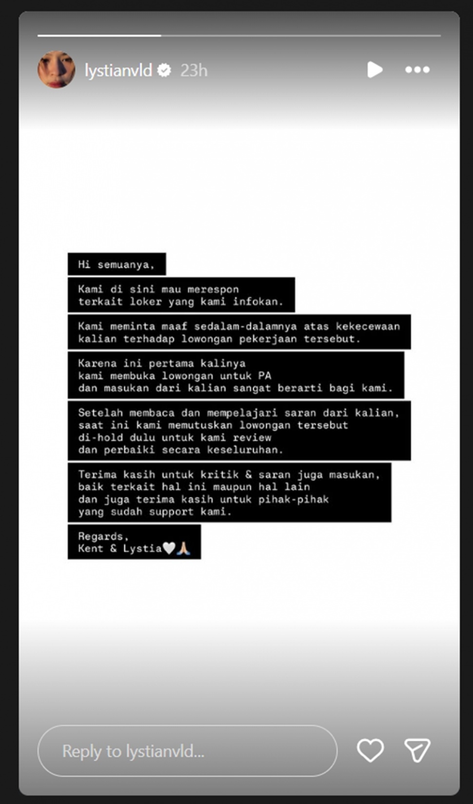 Lystia Novilda dan Kent Hadi minta maaf [Instagram]