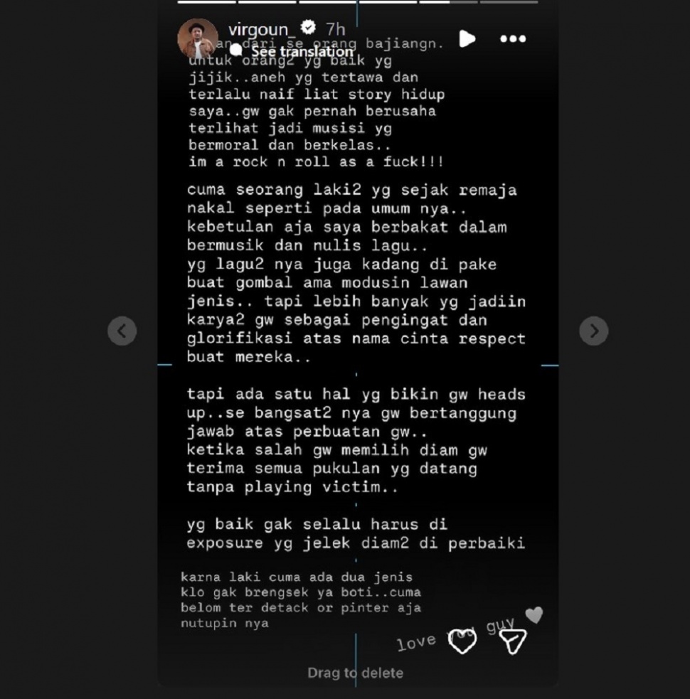 Virgoun menulis tentang dirinya di Story, yang menegaskan kalau dia tidak peduli dengan tudingan negatif orang lain terhadap dirinya. Yang penting baginya, dia adalah lelaki bertanggung jawab. [Instagram]