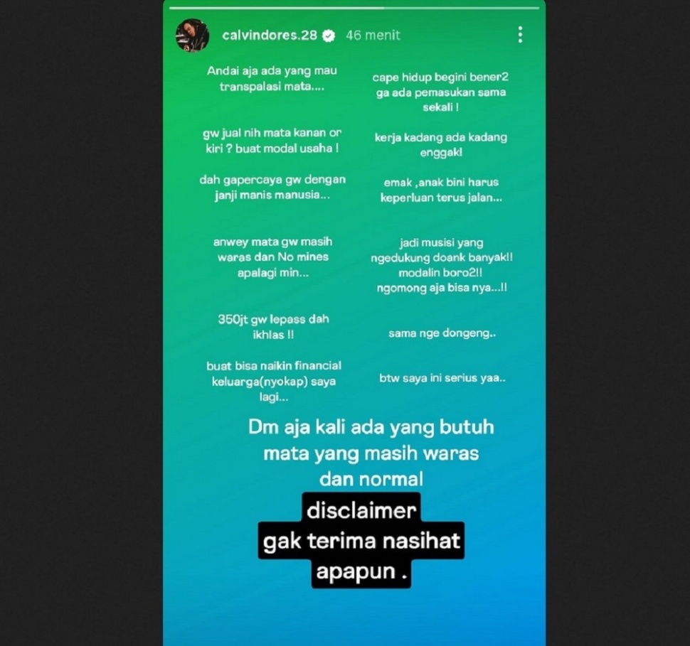 Calvin Dores mengumumkan akan menjual mata kanan atau kirinya seharga Rp350 juta. Calvin mengaku tengah kesulitan keuangan. [Instagram]