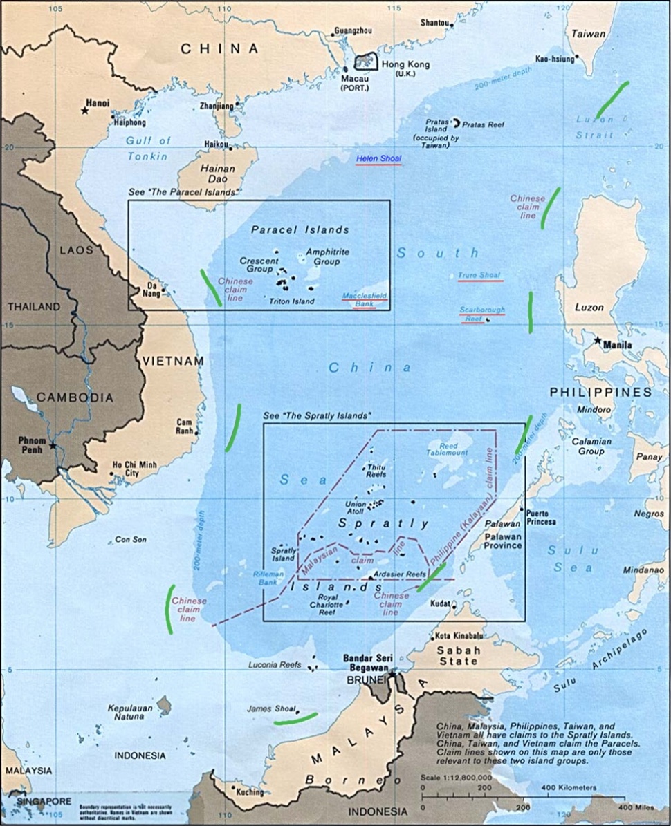 Salah satu peta wilayah Laut China Selatan dengan penandaan 9 garis putus-putus (nine-dash line) yang diklaim China. [Foto: Wikimedia/CIA Asia Maps]
