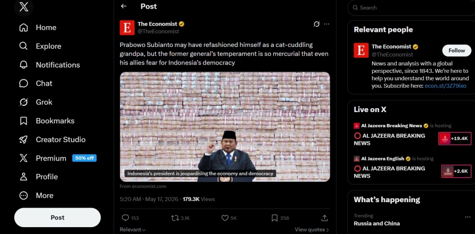 The Economist mengkritik Prabowo. (X)