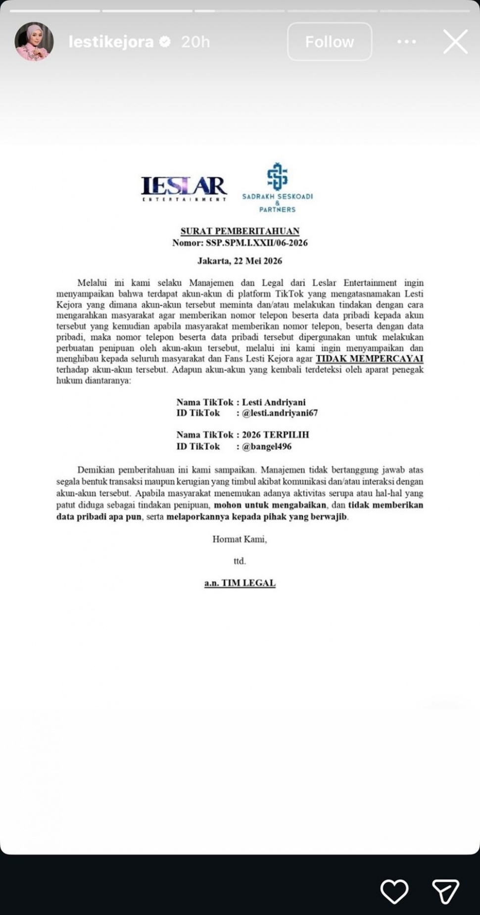 Nama Lesti Kejora Dicatut untuk Dugaan Penipuan, Fans Diminta Jangan Berikan Data Pribadi. [Instagram]