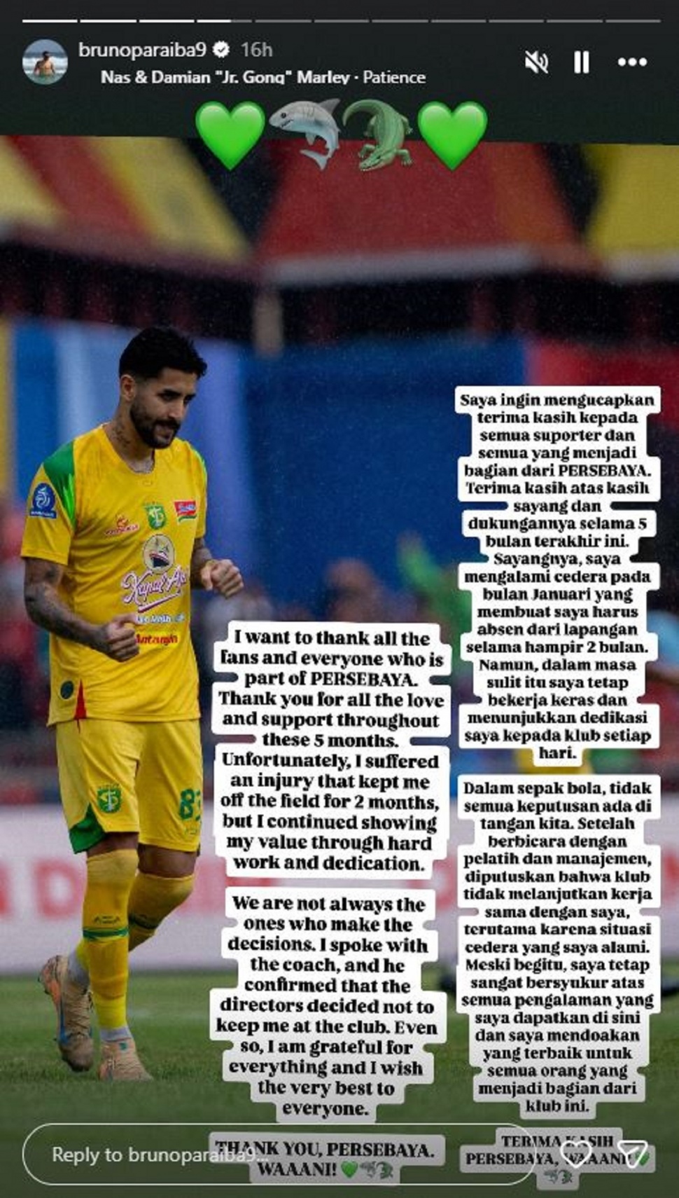 Pemain asal Brasil Bruno Paraiba mengumumkan secara resmi berpisah dengan Persebaya Surabaya. (Instagram/brunoparaiba9)