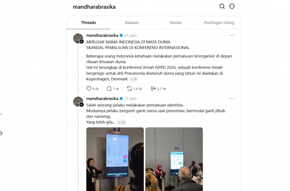 Viral dugaan skandar pemalsuan riset internasional oleh orang Indonesia. (Threads)