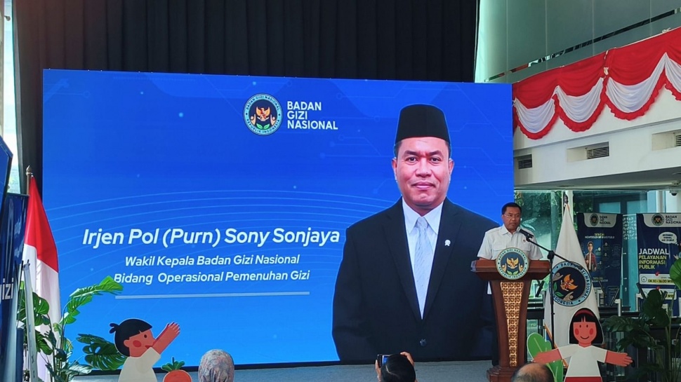 Wakil Kepala Badan Gizi Nasional (BGN) Sony Sonjaya memberikan sambutan dalam peluncuran Aplikasi Reviu Menu Makan Bergizi Gratis (MBG) di Kantor Pusat BGN, Jakarta Pusat, Selasa (26/5/2026). (Suara.com/Mohammad Rhadzaki Ramadhan)