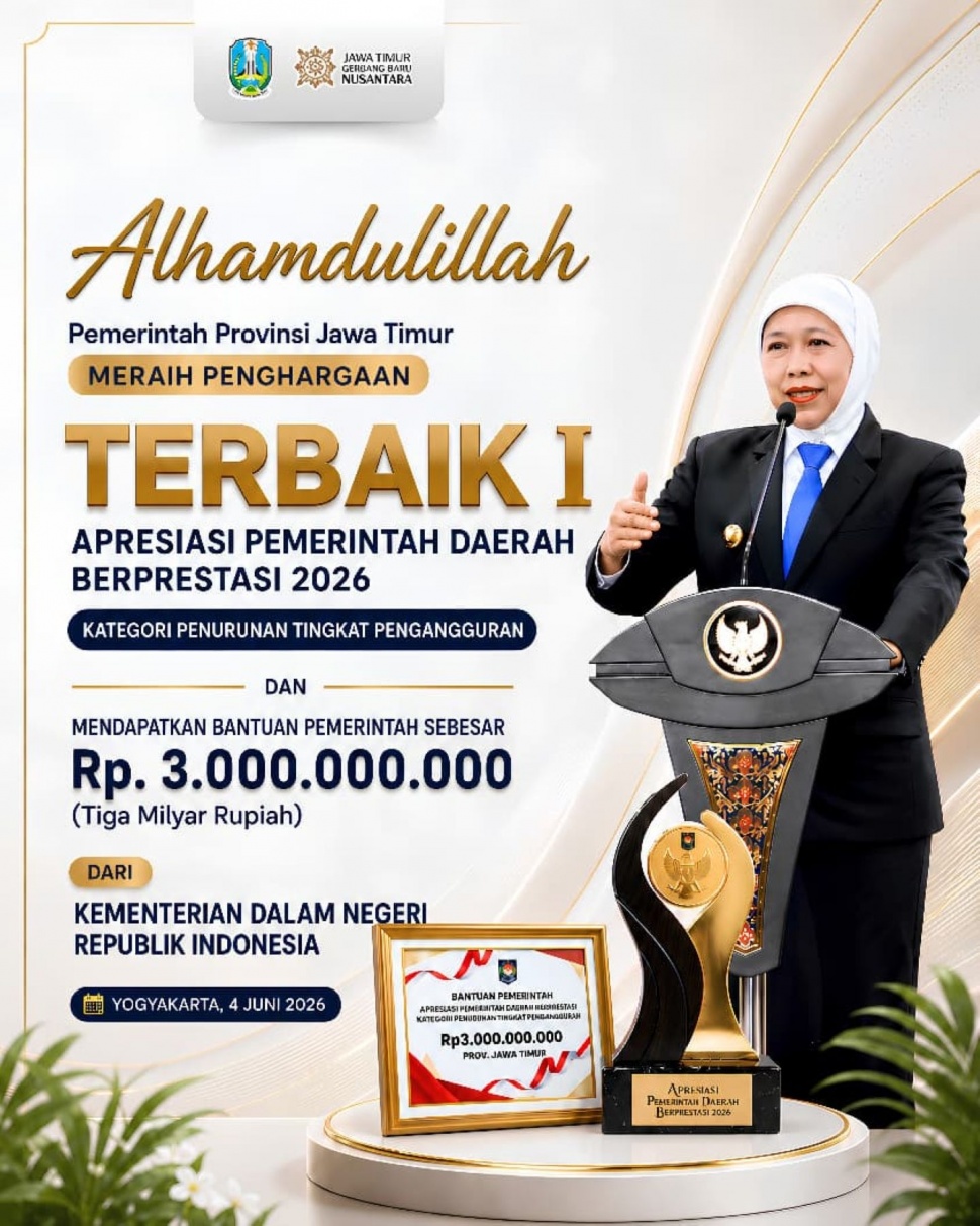 Gubernur Jawa Timur Khofifah Indar Parawansa. Pemprov Jawa Timur meraih penghargaan Terbaik I Kategori Penurunan Tingkat Pengangguran dalam Apresiasi Pemerintah Daerah Berprestasi 2026 Regional Jawa-Bali dari Kementerian Dalam Negeri. (Dok. Pemprov Jatim)