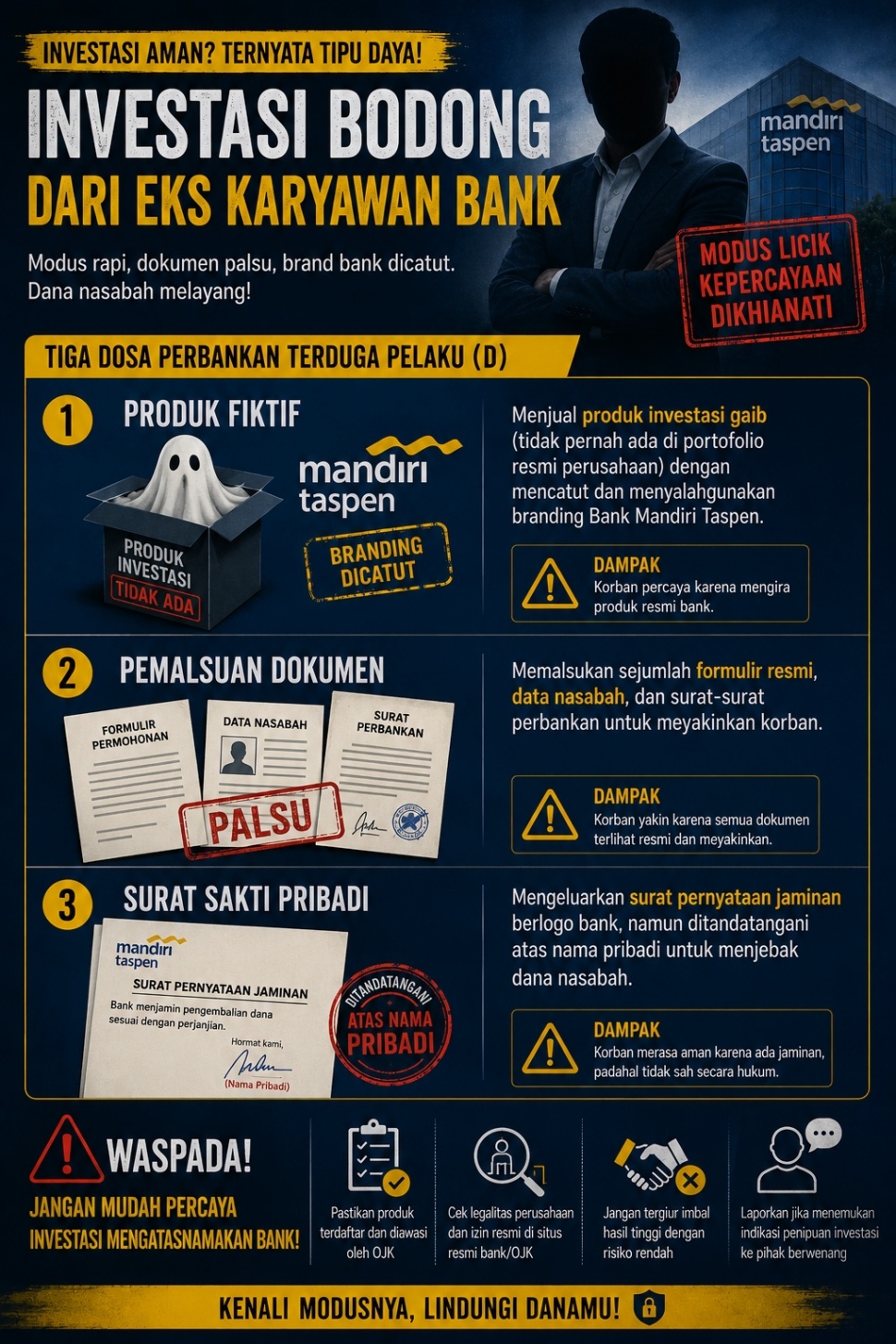 Infografis investasi bodong di Purwokerto oleh eks pegawai bank. 