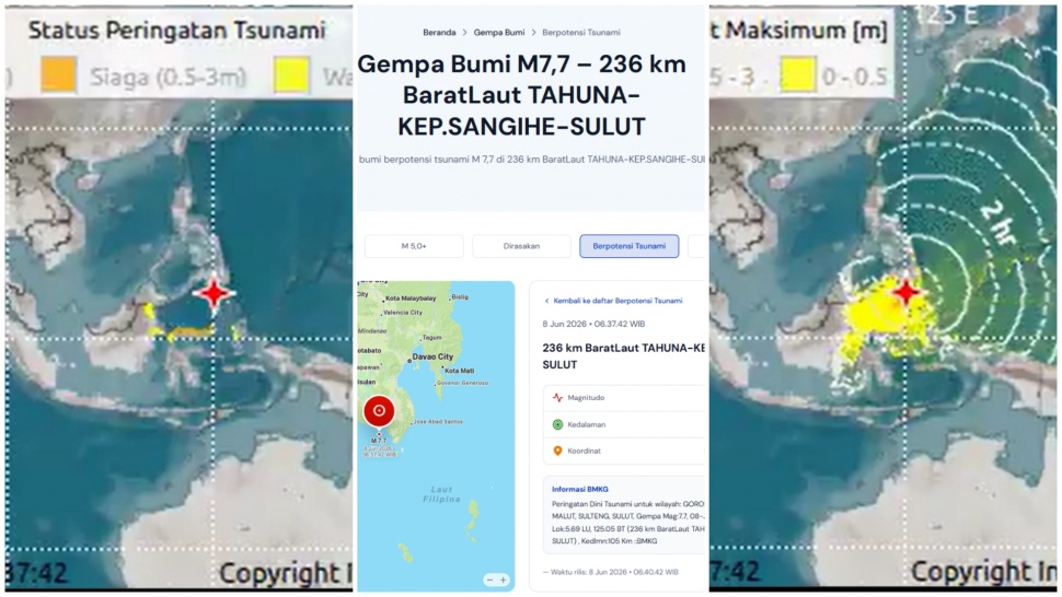 Ada Gempa M7.7: BMKG Keluarkan Peringatan Dini Tsunami ke 22 Wilayah di Sulut hingga Kaltim pada 8 Juni 2026 pagi. (BMKG)