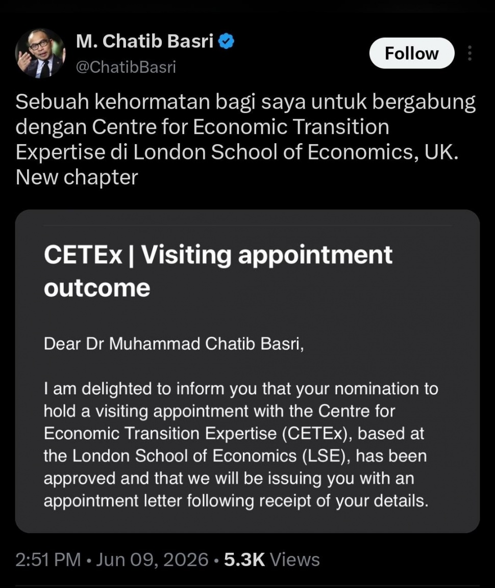 Ekonom senior Indonesia sekaligus mantan Menteri Keuangan, Muhammad Chatib Basri, resmi mendapatkan jabatan baru di kancah internasional. Melalui unggahan di media sosial X pada Selasa (9/6/2026), Chatib mengumumkan dirinya bergabung dengan Centre for Economic Transition Expertise yang berbasis di London School of Economics and Political Science, Inggris.Foto ist.
