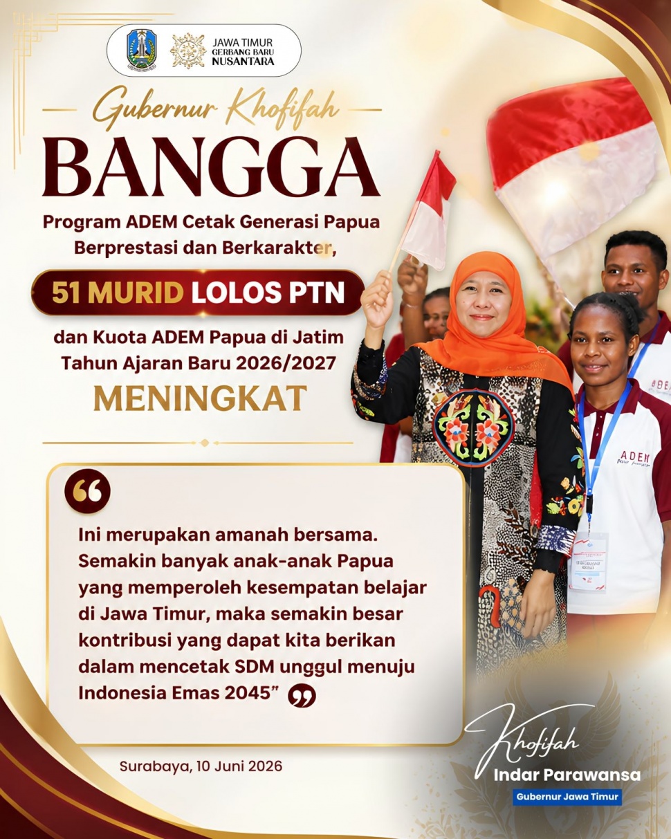 Program ADEM Papua di Jawa Timur kembali mencatat prestasi dengan 51 murid diterima di perguruan tinggi negeri melalui jalur SNBP dan SNBT 2026. (Dok. Pemprov Jatim)