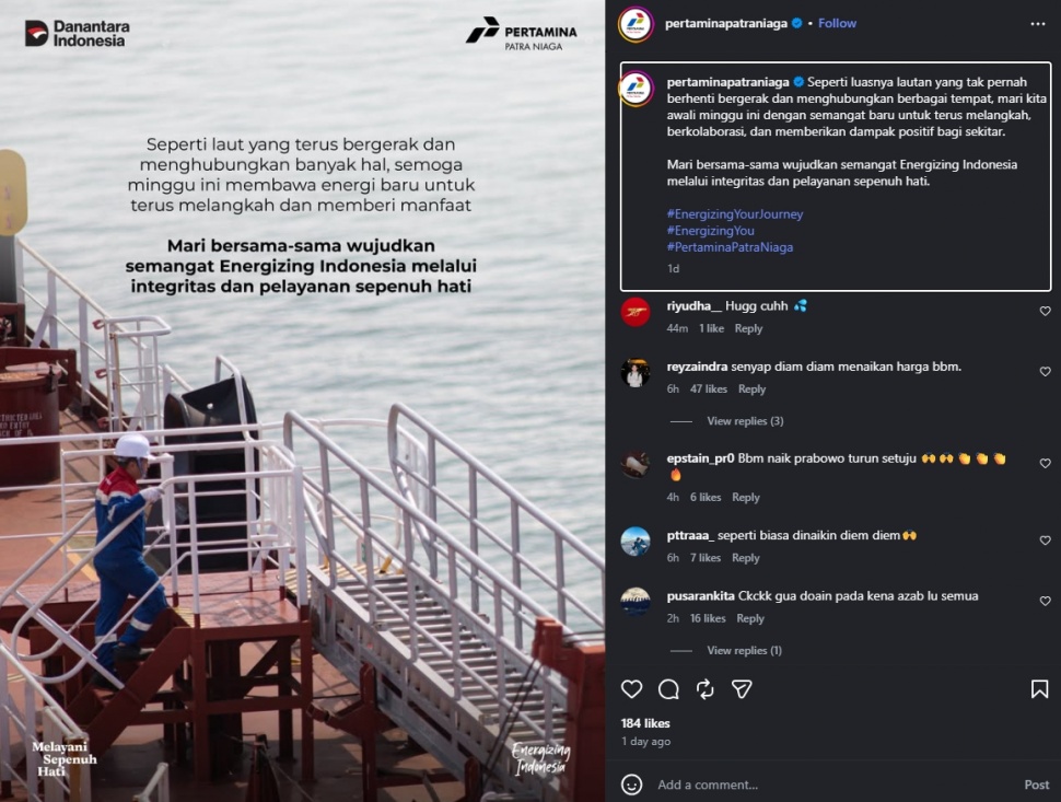 Akun Instagram Pertamina dibanjiri publik yang berang. (Instagram)