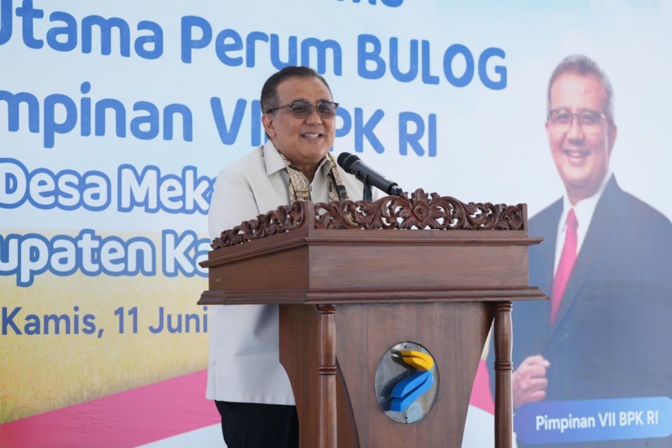 Pimpinan VII BPK RI Dr. Slamet Edy Purnomo dan Direktur Utama Perum BULOG Letjen TNI (Purn) Dr. Ahmad Rizal Ramdhani berdialog dengan petani saat panen raya di Desa Mekarjaya, Kabupaten Karawang, Jawa Barat, Kamis (11/6/2026). (Dok. BULOG)