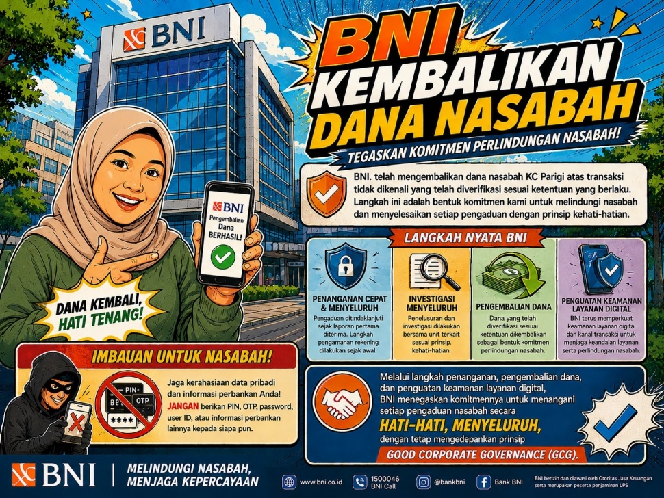 BNI Kembalian dana nasabah di BNI KC Parigi. [Istimewa]