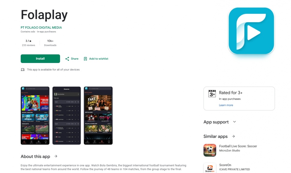 Aplikasi Folaplay dapat rating rendah di toko aplikasi Android. (Play Store)