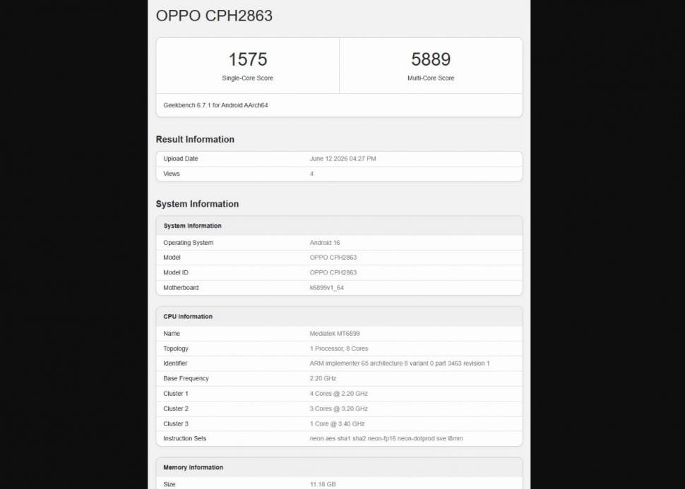 Oppo Reno 16 Pro memakai Dimensity 8000 series. (Geekbench)