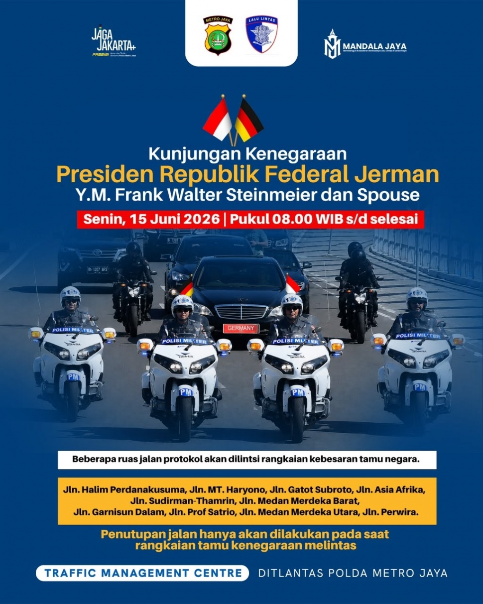 Polda Metro Jaya akan melakukan penutupan di sejumlah ruas jalan utama Jakarta seiring kunjungan kenegaraan Presiden Jerman Frank-Walter Steinmeier, Senin (15/6/2026).