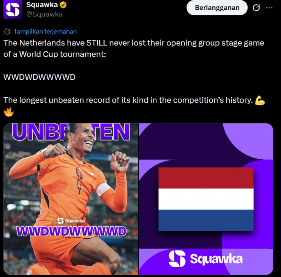 Belanda tak terkalahkan di laga pembuka Piala Dunia. (X/@squawka)