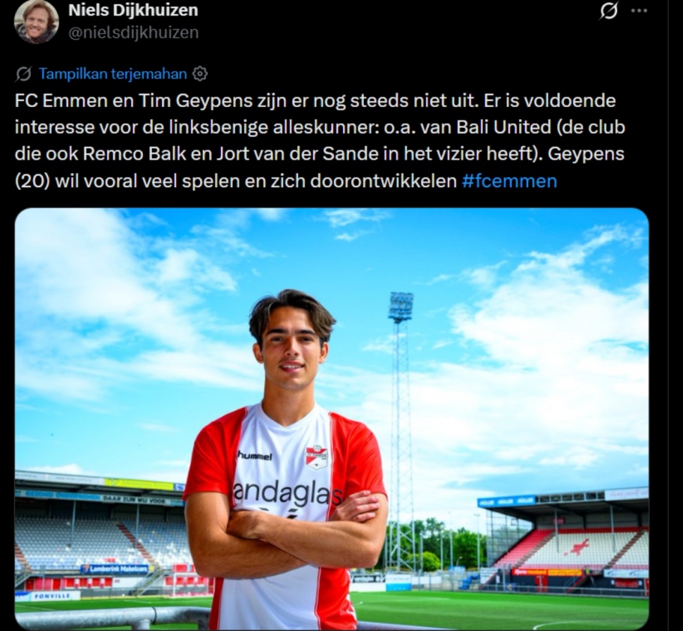 Pemain naturalisasi Timnas Indonesia, Tim Geypens dilaporkan jadi incaran Bali United. (X/@nielsdijkhuizen)
