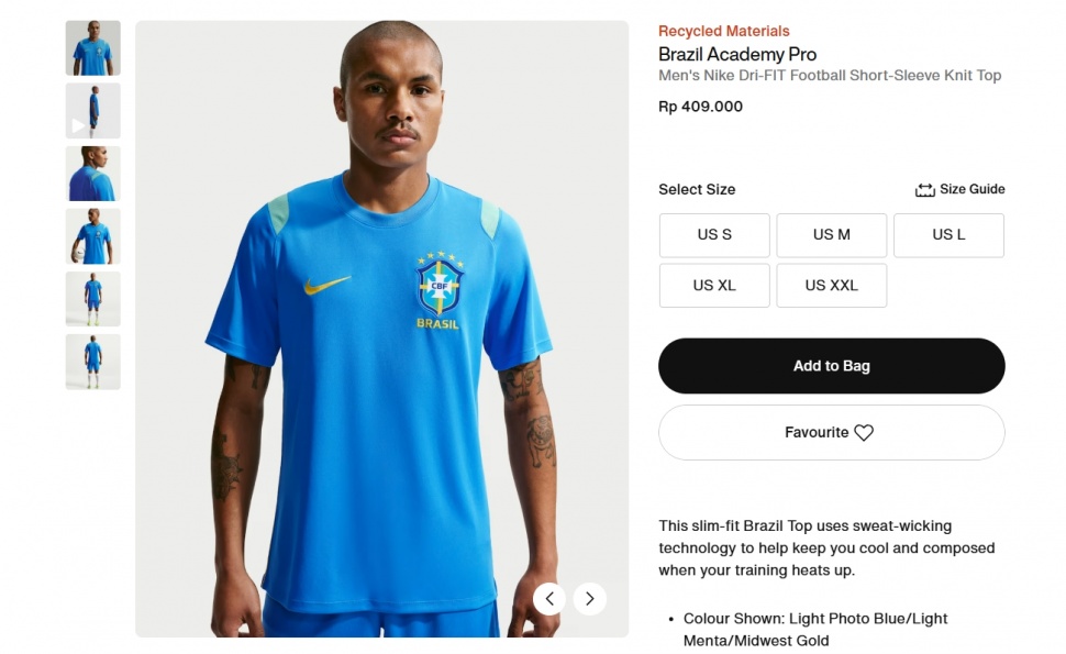 Nike Pro Dri-FIT Kaos Pria Brazil Academy Soccer Short-Sleeve. (Nike)