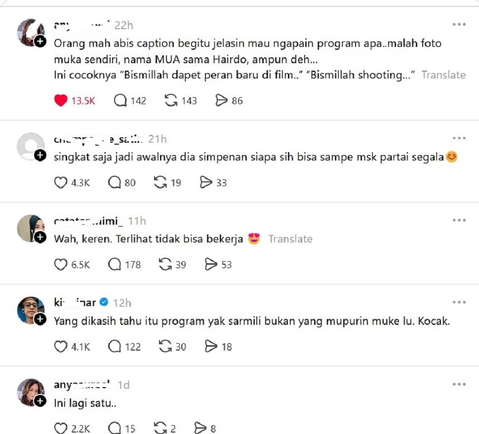 Seorang netizen di Threads geram dengan postingan Bebizie, karena cuma mampu pamer penata rias dan penata rambut, saat sang artis pamer mendapat jabatan baru sebagai Ketua DPD PAN Jakarta Utara. [Threads]