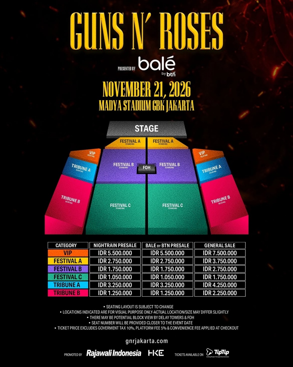 Berikut harga tiket konser Guns N' Roses di Jakarta pada 21 November 2026. [Instgram]