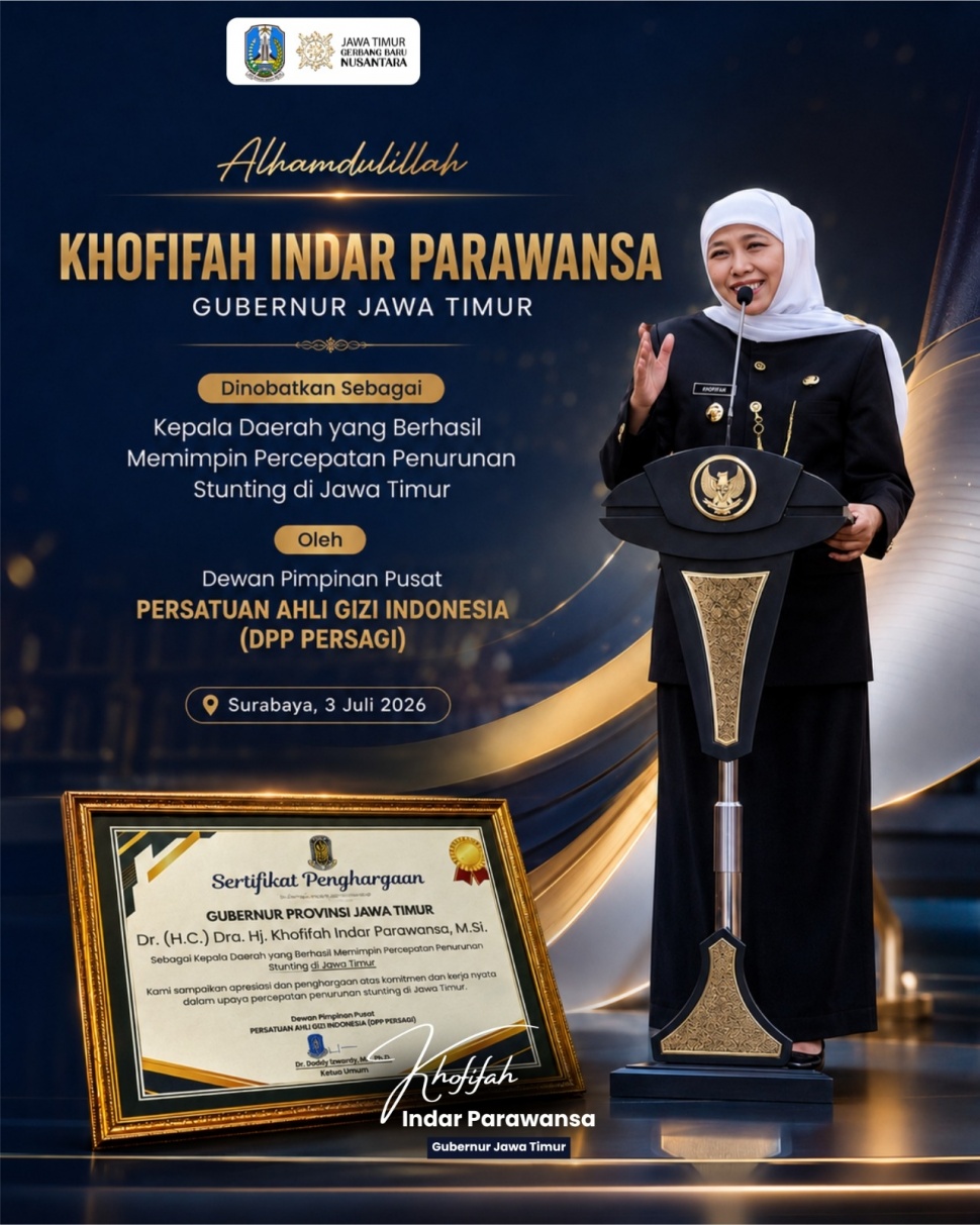 Gubernur Jawa Timur, Khofifah Indar Parawansa berhasil menurunkan  stunting dan menerima penghargaan dari Persagi. (Dok: Pemprov Jatim)