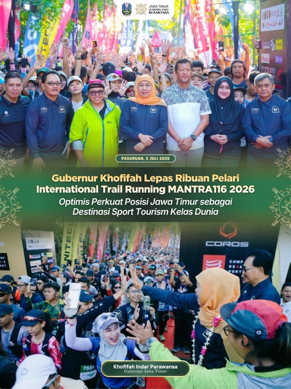 Gubernur Jawa Timur Khofifah Indar Parawansa melepas peserta International Trail Running MANTRA116 2026 di Kaliandra Eco Resort, Prigen, Kabupaten Pasuruan, Minggu (5/7/2026). (Dok. Pemprov Jatim)