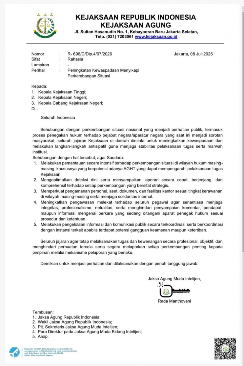 Surat Edaran Rahasia Kejagung Bocor. (Dok. Ist)