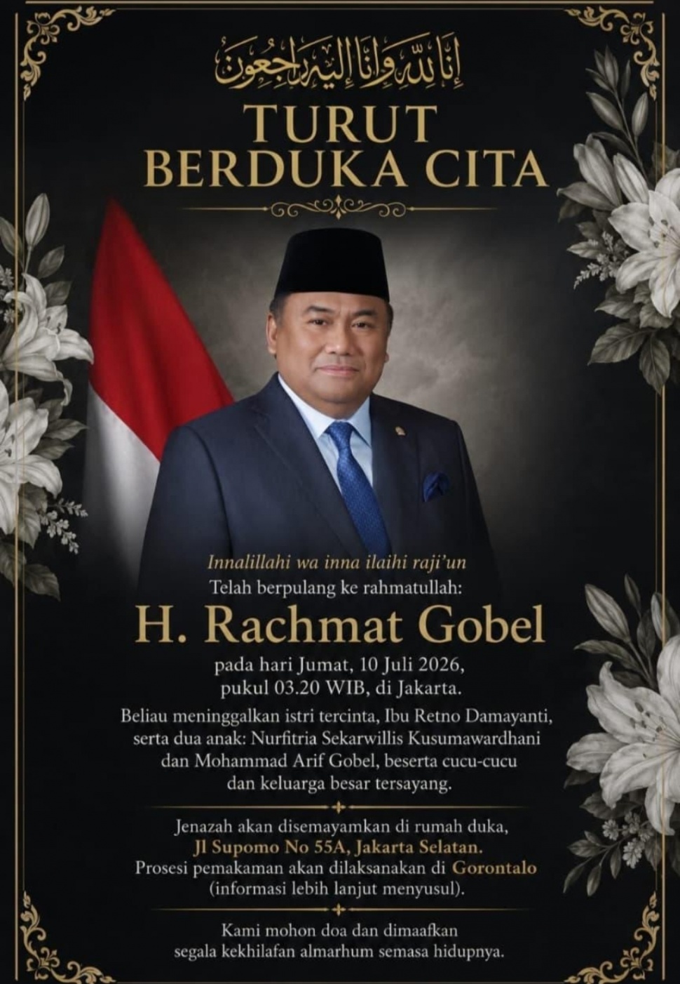 Anggota DPR RI Rachmat Gobel meninggal dunia. (Dok. Ist)
