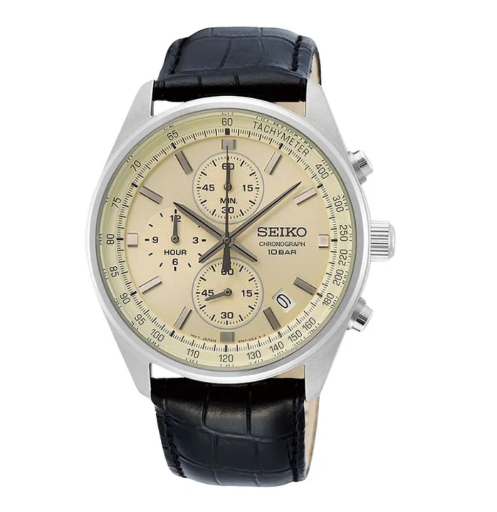 Seiko Classic SSB383P1 Neo Chronograph Beige Dial Black Leather Strap