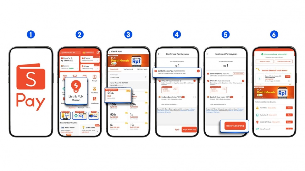 Infografis berisi langkah-langkah memanfaatkan promo Pulsa & PLN Pasti Murah di aplikasi ShopeePay untuk pembelian token listrik, pulsa, dan pembayaran tagihan. (Dok. Shopee)