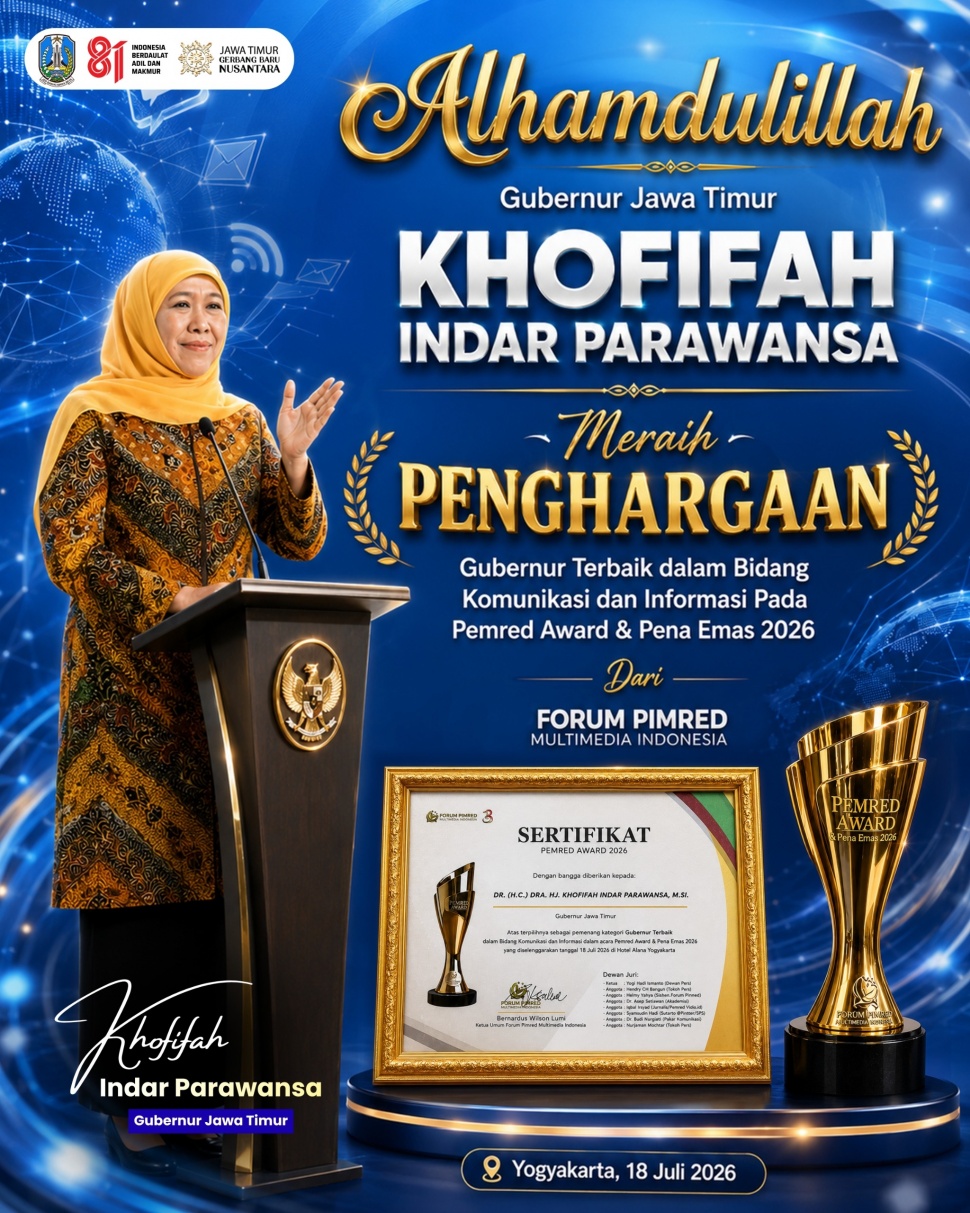 Gubernur Jawa Timur, Khofifah Indar Parawansa meraih penghargaan Pimpinan Redaksi (Pimred) Award 2026. (Dok: Pemprov Jatim)