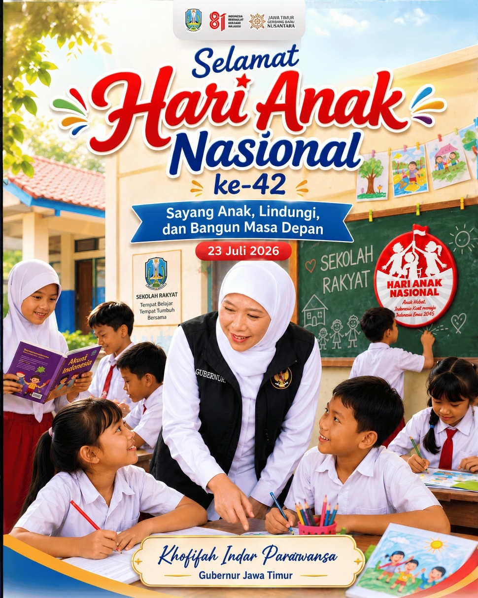 Gubernur Jatim, Khofifah Indar Parawansa menyambut Hari Anak Nasional Tahun 2026. (Dok: Pemprov Jatim)