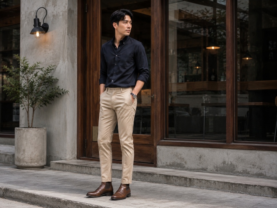 Ilustrasi gaya pria pakai celana chino dan Chelsea Boots - Prabu ASHTABRATA 2.1 Brown [AI/ChatGPT]