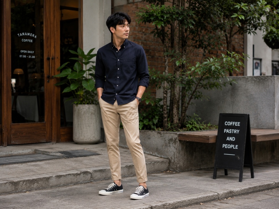 Ilustrasi gaya pria pakai celana chino dan canvas shoes - Compass [AI/ChatGPT]