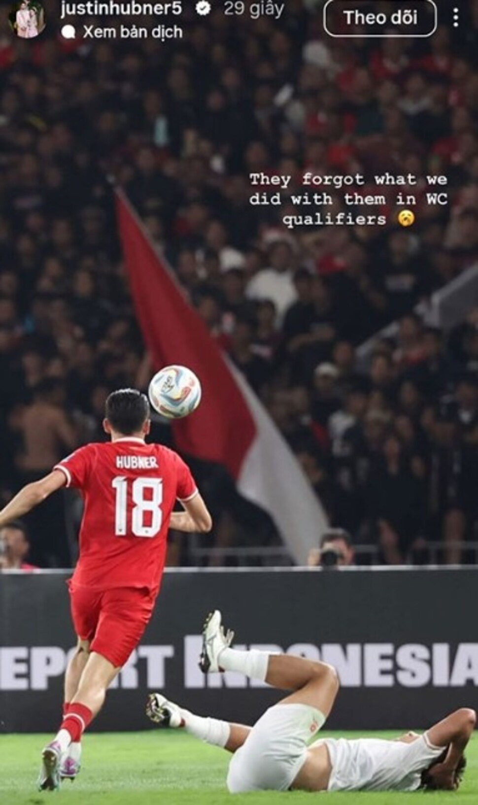 Bek Timnas Indonesia, Justin Hubner melontarkan sindiran tajam di media sosial usai kekalahan tim Garuda dari Vietnam di Piala AFF 2026, Senin (3/8/2026). [Instagram]