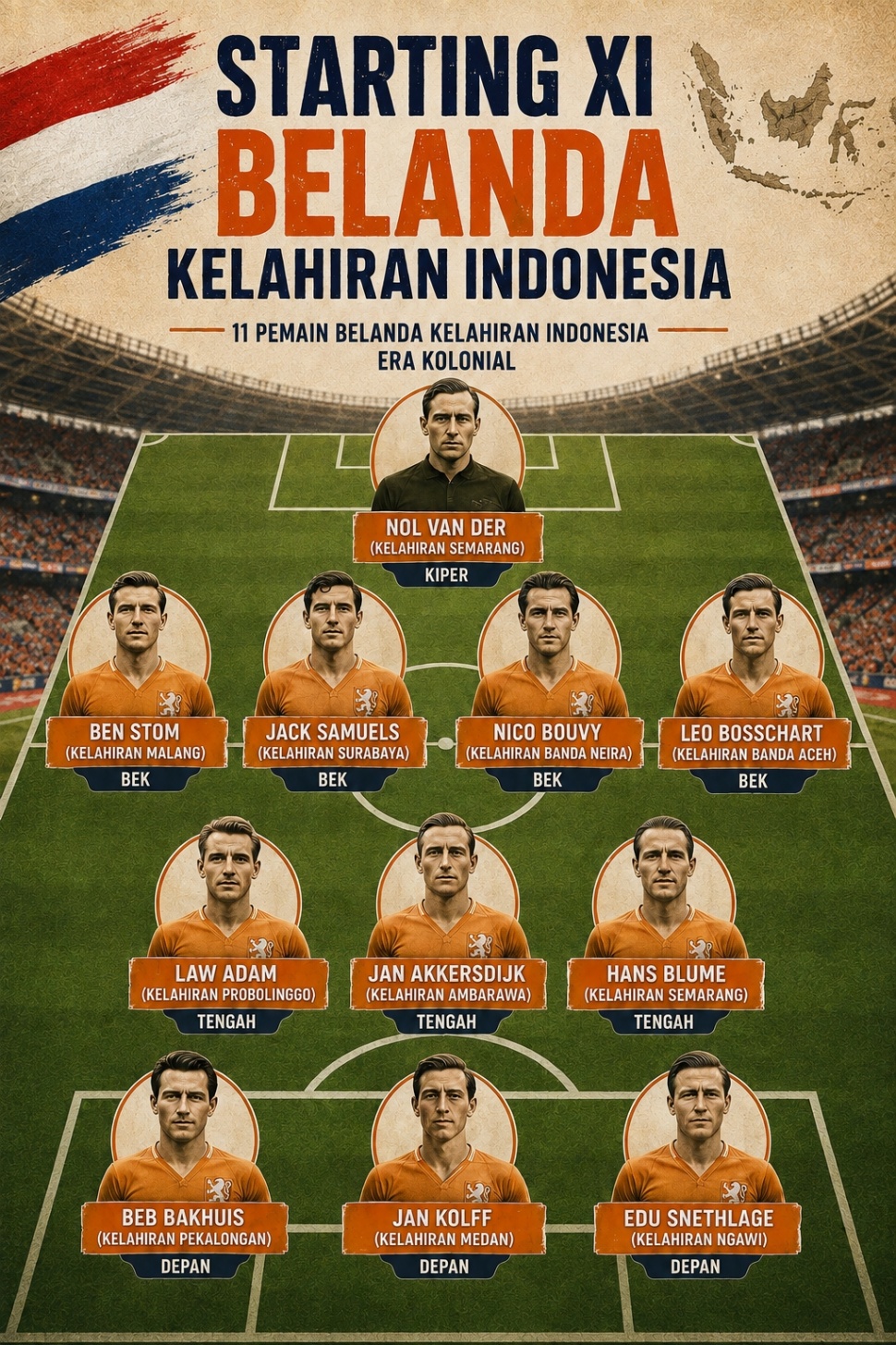 Starting XI Belanda Kelahiran Indonesia Era Kolonial: Lengkap dengan Data Lahir dan Jejak Timnas [Suara.com/ai]