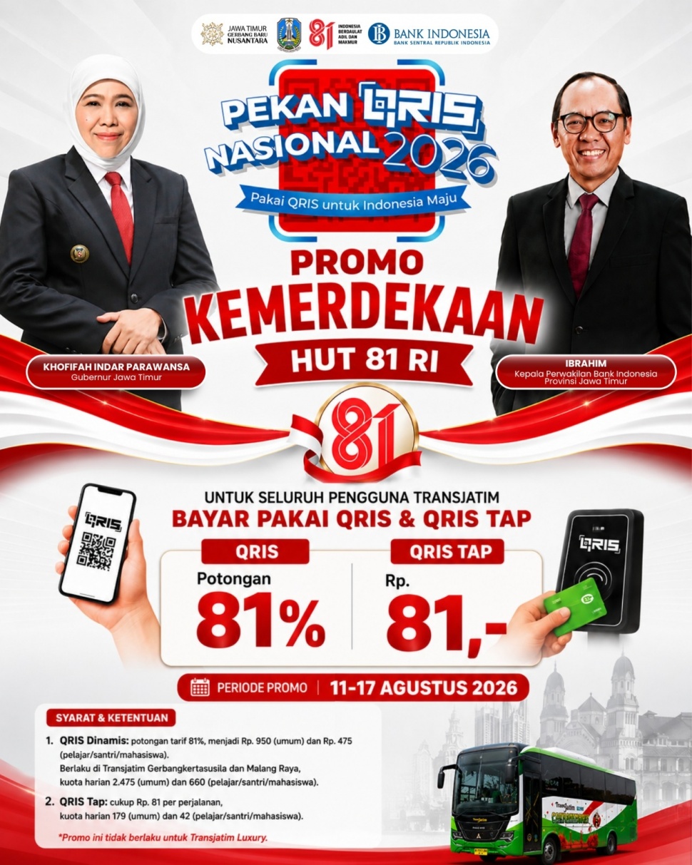 Gubernur Jatim, Khofifah Indar Parawansa memberikan promo tarif Trans Jatim mulai Rp81 untuk sekali perjalanan selama sepekan, mulai 11 hingga 17 Agustus 2026. (Dok: Pemprov Jatim)