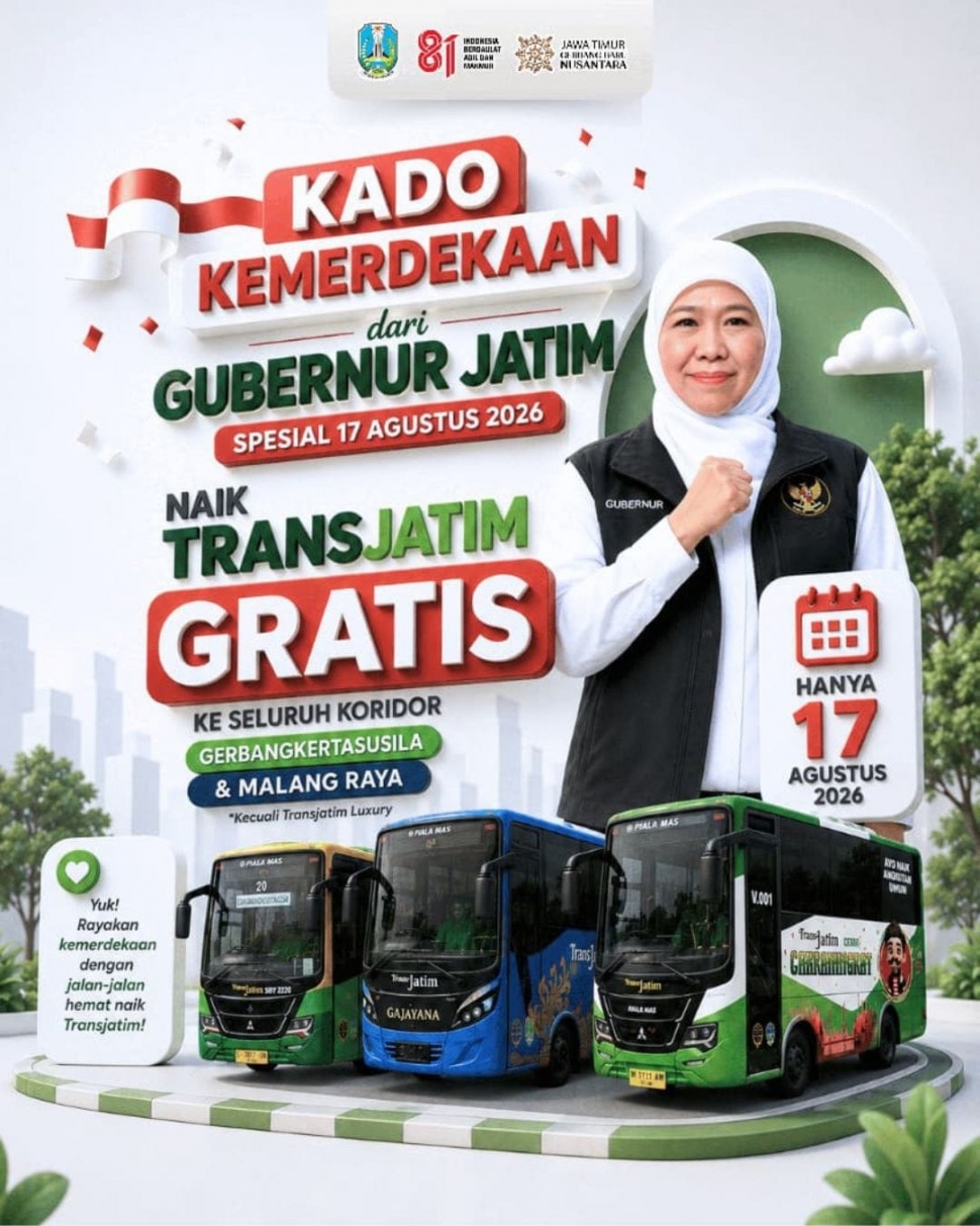 Gubernur Jatim, Khofifah Indar Parawansa menghadirkan kado berupa gratis untuk layanan Trans Jatim pada 17 Agustus 2026. (Dok: Pemprov Jatim)
