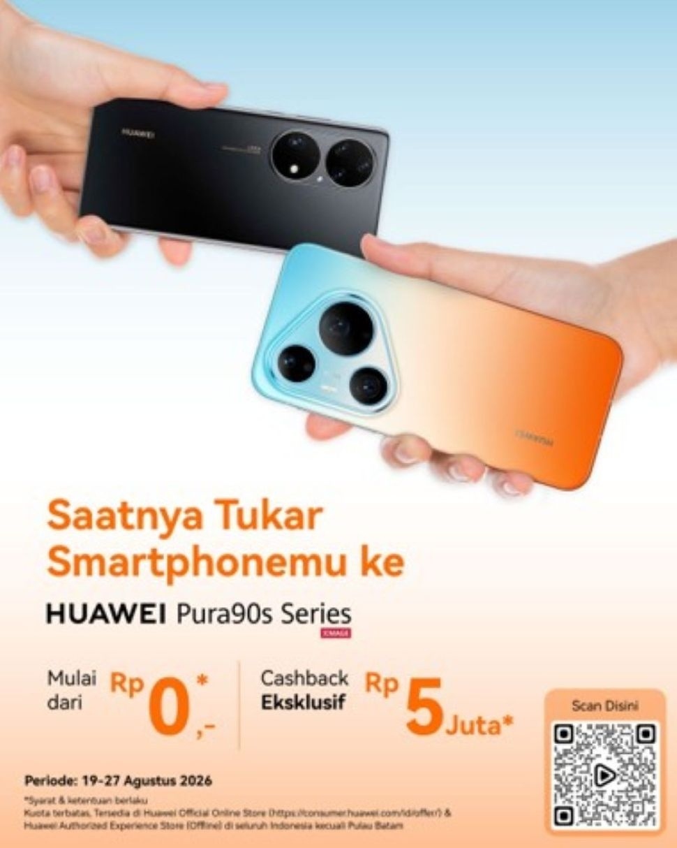 Program Trade-In HUAWEI Pura90s Series 5G berlangsung pada 19 hingga 27 Agustus 2026 dengan tambahan cashback hingga Rp5 juta bagi pengguna yang memenuhi ketentuan. (Dok. Huawei)