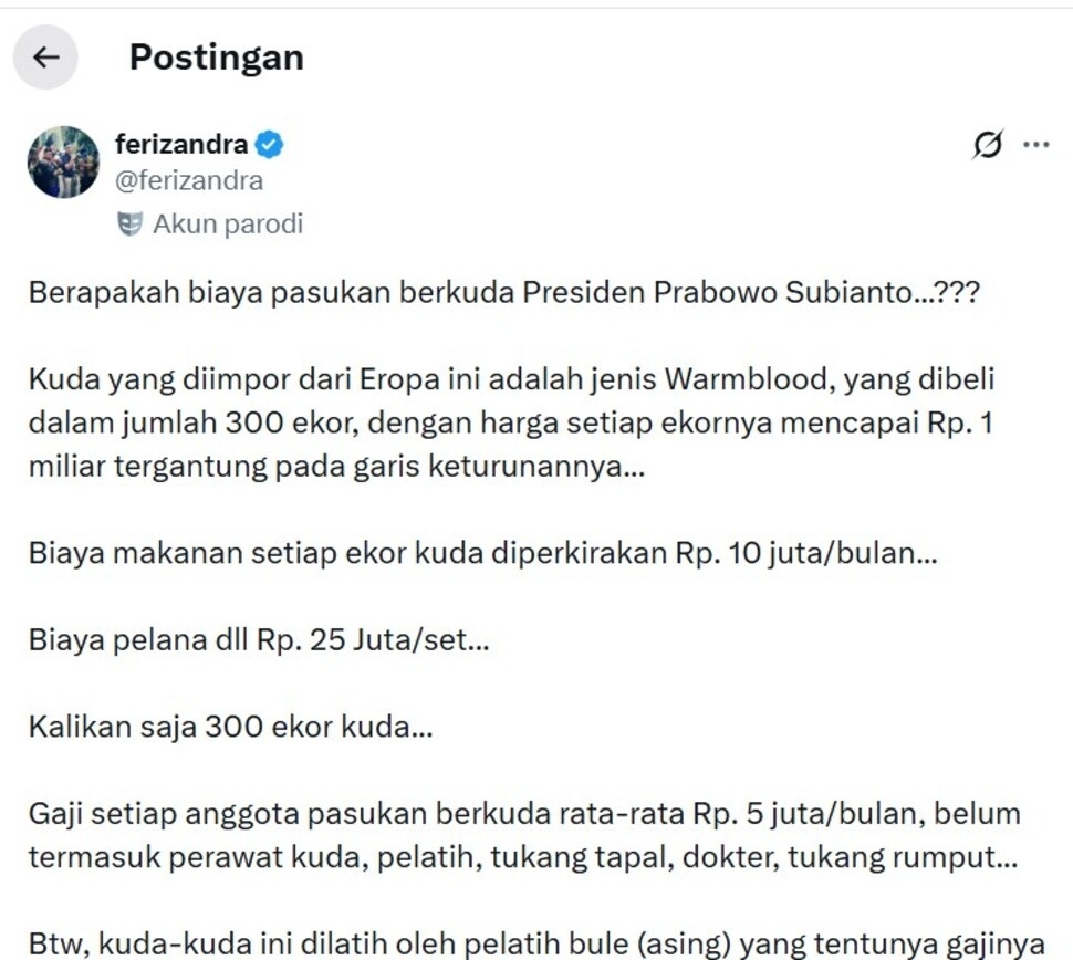 Harga Pasukan Berkuda Prabowo Disorot: Benarkah 300 Kuda Warmblood Mencapai Rp300 Miliar? [Tangkap layar X]