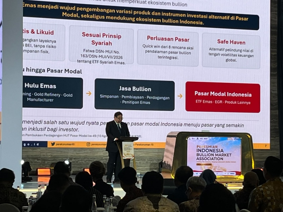 Menteri Koordinator Bidang Perekonomian Airlangga Hartarto dalam acara Launching Indonesia Bullion Market Association (IBMA) pada Kamis (20/8/2026) di BSI Tower Monas Grand Ballroom, Jakarta Pusat. (Suara.com/Tantri Amela Iskandar)