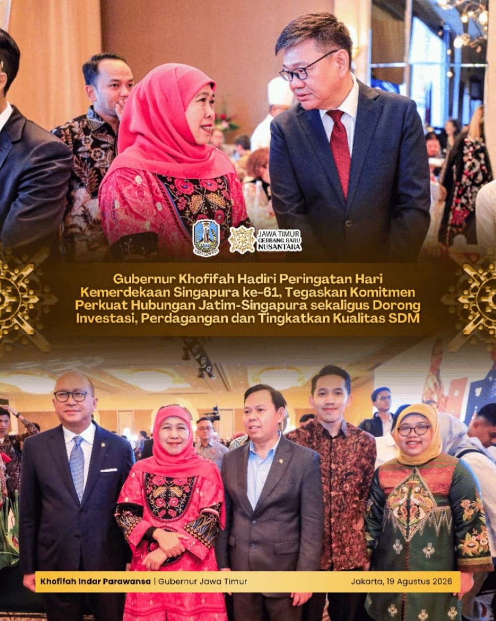 Gubernur Jawa Timur Khofifah Indar Parawansa menghadiri dinner reception dalam rangka Peringatan Hari Kemerdekaan Singapura ke-61 di Shangri-La Hotel Jakarta, Rabu (19/8/2026). (Dok. Pemprov Jatim)
