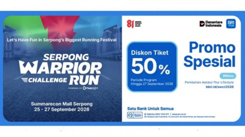 Poster penawaran promo diskon tiket 50 persen Serpong Warrior Challenge Run 2026 untuk transaksi via fitur Lifestyle di aplikasi BRImo. (Dok. BRI)