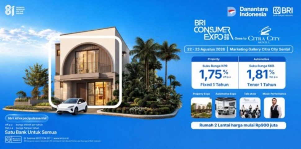 Poster promosi BRI Consumer Expo 2026 Goes to Citra City Sentul yang menawarkan suku bunga KPR mulai 1,75% dan KKB mulai 1,81% pada 22–23 Agustus 2026. (Dok. Istimewa)